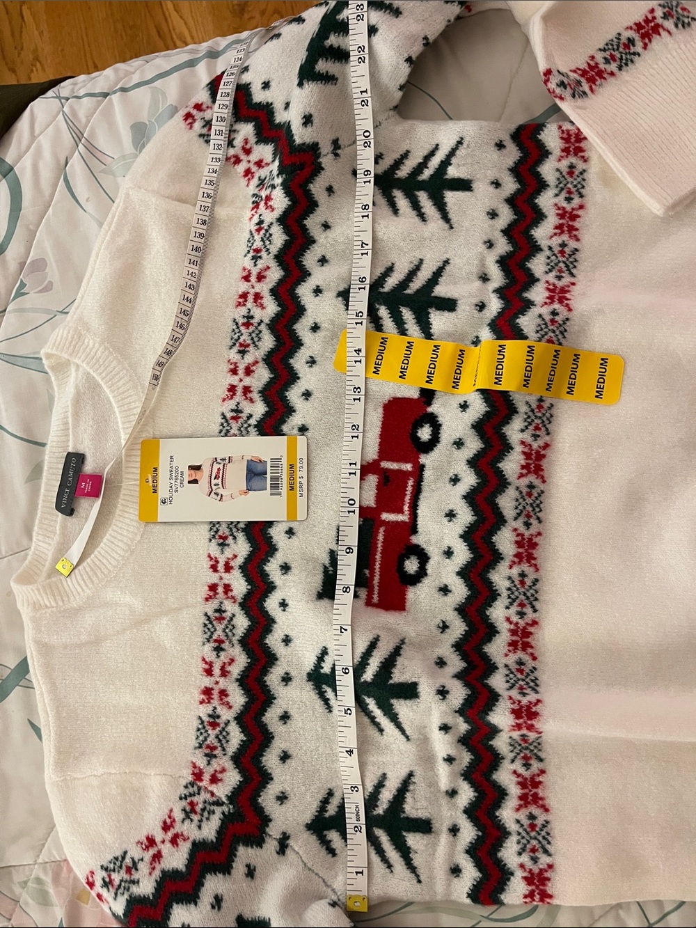 Vince Camuto Cream Knit Crewneck with Red Truck and Green Tree Motif - Picture 5 of 6